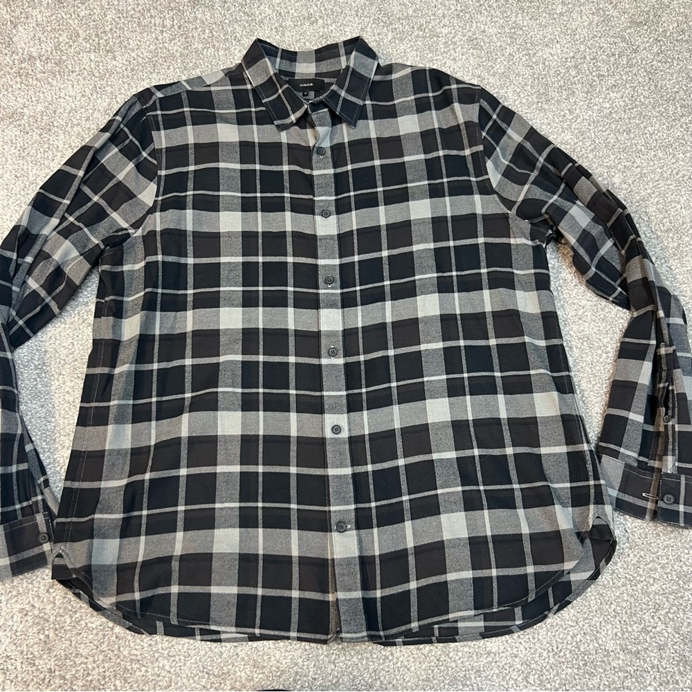 Vince Shirt Mens XL Black Gray Plaid Brushed Wool Cotton Button Down Flannel